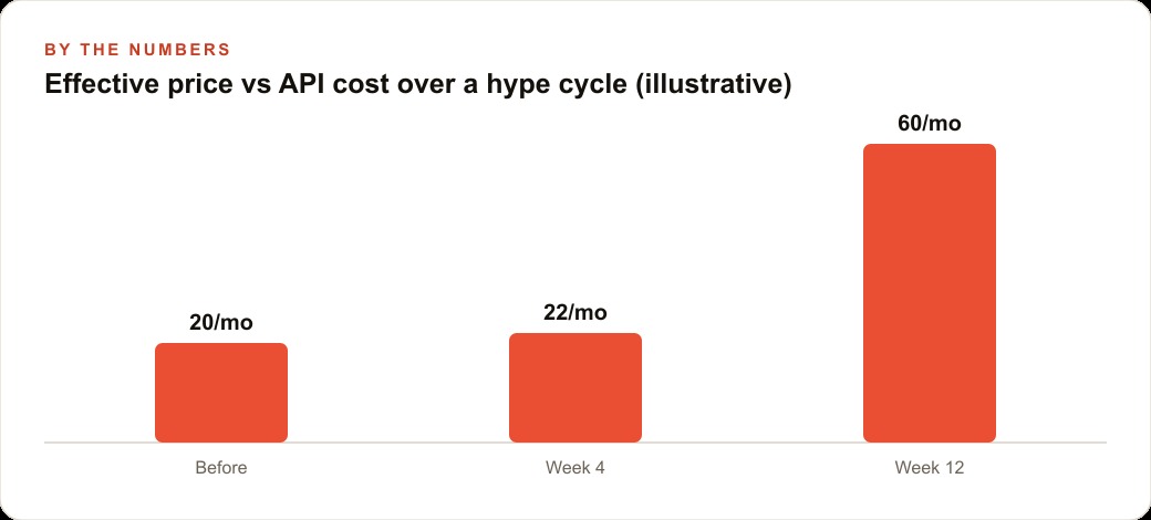 Effective price vs API cost over a hype cycle (illustrative)